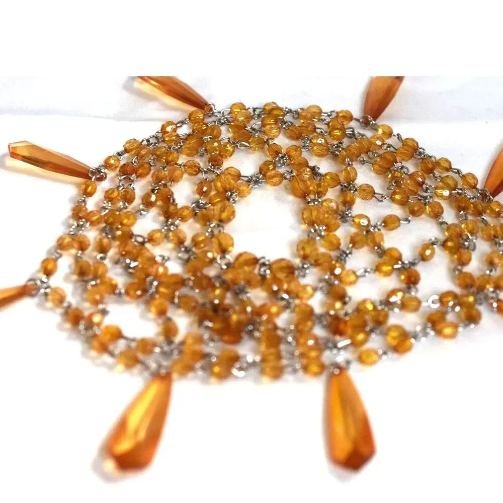 Vintage 1920 Style Orange Beads/Crystal Dangle Silver Tone Links Hair Covering